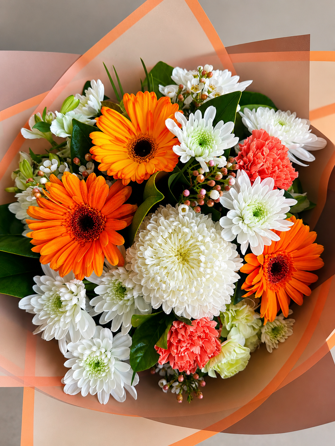 Seasonal Flower Bunch - Orange, Green & White (Colours and flowers will vary to image due to seasonal availability)